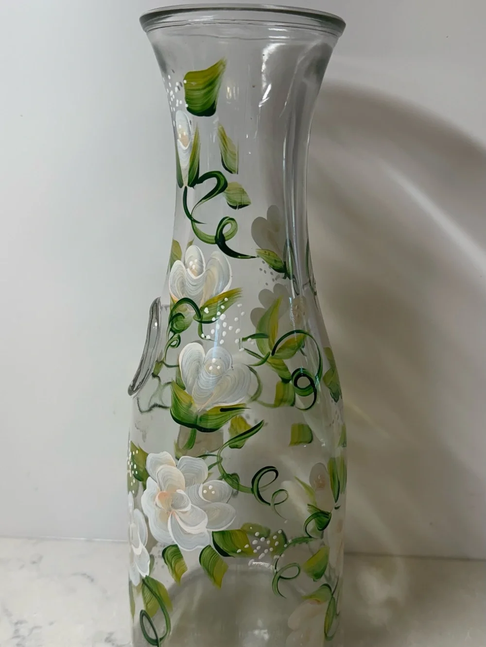 Hand-Painted Glass Carafe with Green and Cream Floral Design